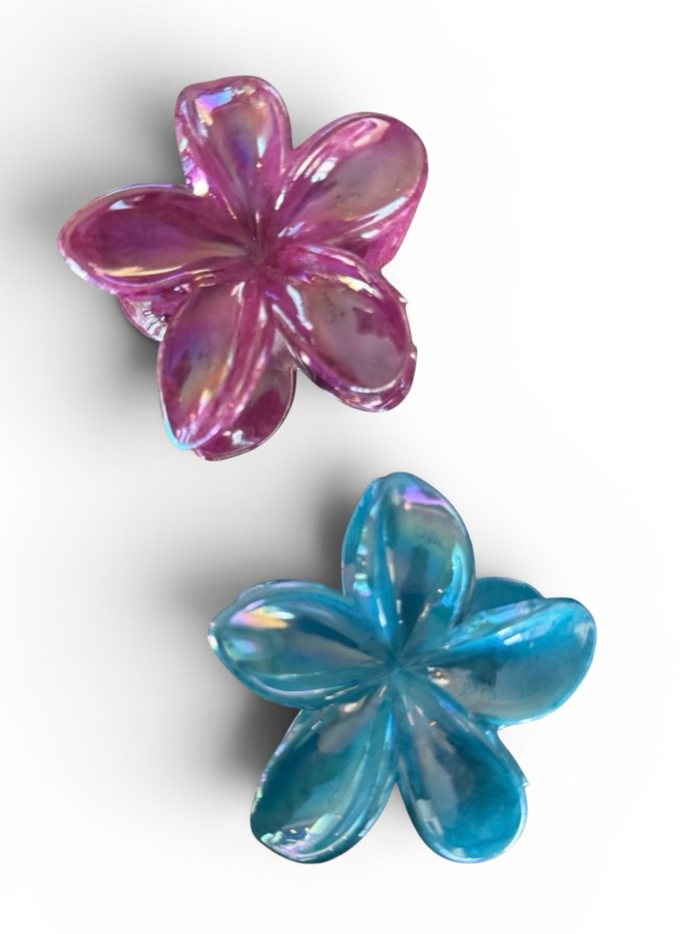 Tropical Flower Hair Claw Clips – Pink & Blue Iridescent Resin- Set of 2